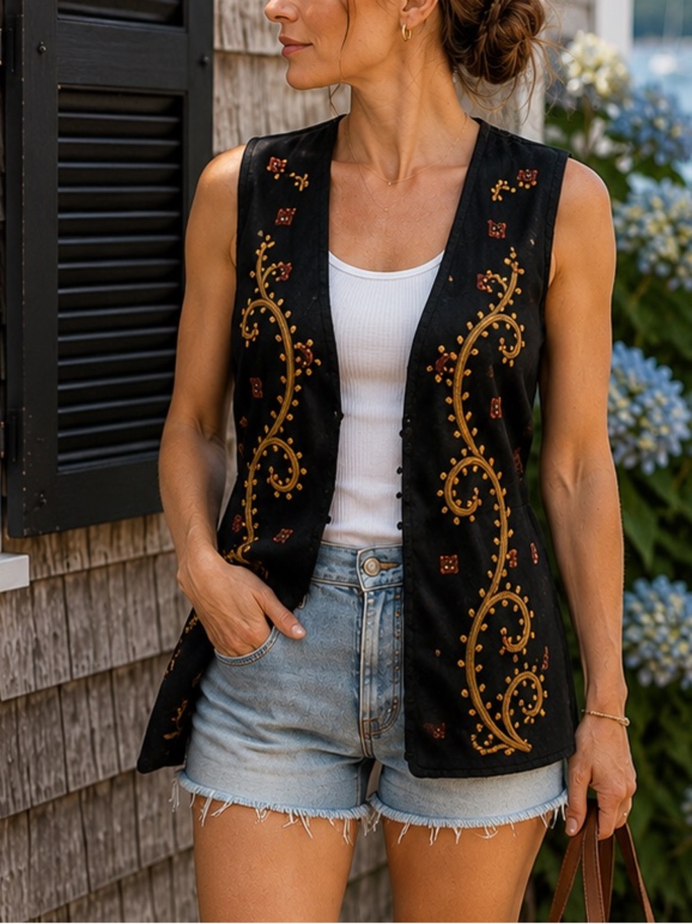Vintage 90s Black Embroidered Vest – Festival Boho Layering Piece